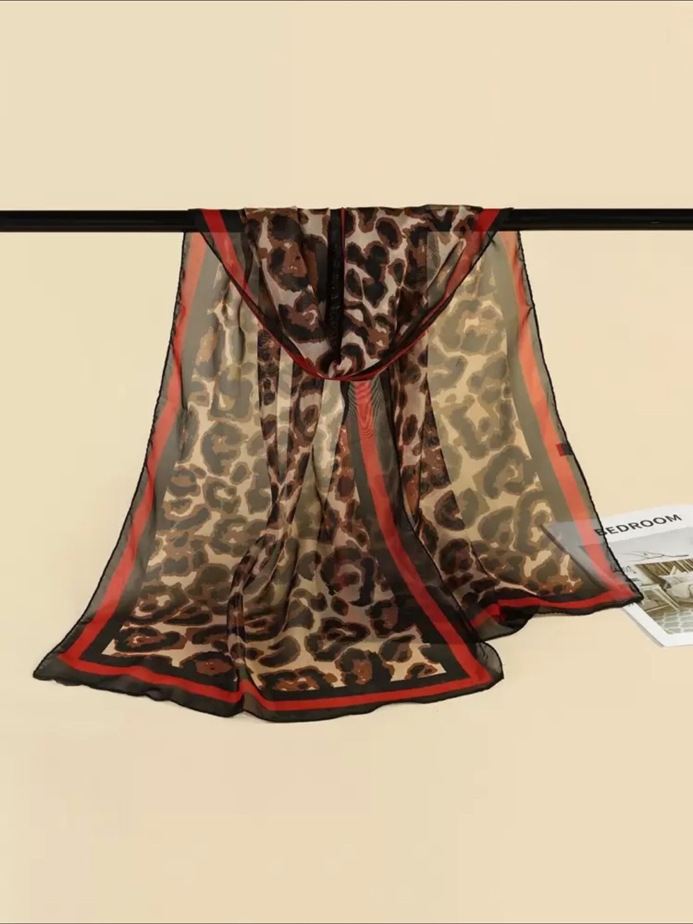 Sheer Leopard Print Scarf with Red-Black Border - Picture 2 of 7